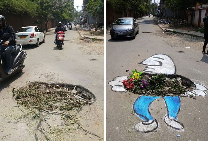 Lukisan Baadal Nanjundaswamy di jalan berlubang