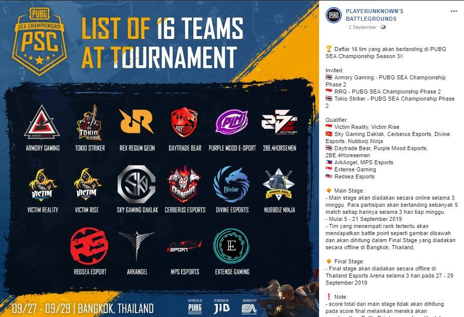 Daftar tim yang bertanding di PUBG SEA Championship 2019 Season 3