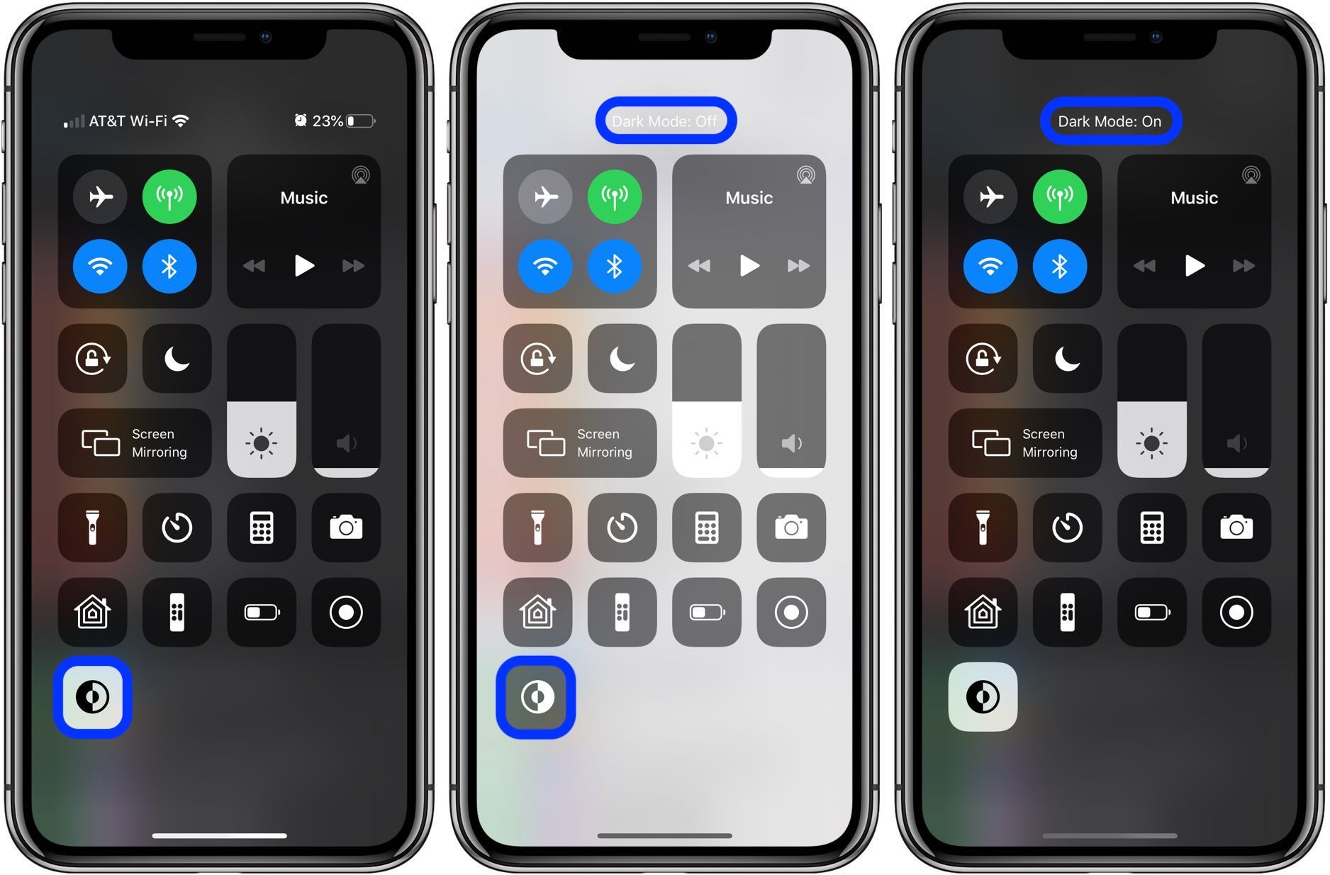 Penampakan Control Center yang sudah ditambahkan fitur Dark mode.