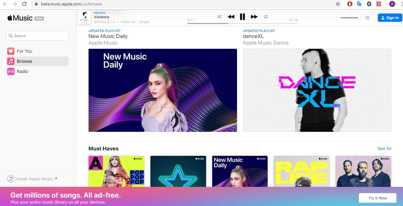 Tampilan Apple Music versi web tanpa log in