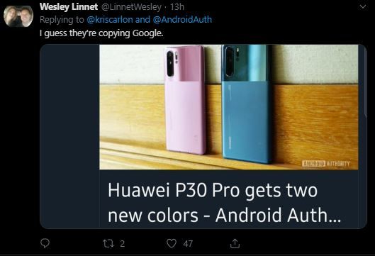 Salah satu komentar netizen Twitter tentang varian warna baru Huawei