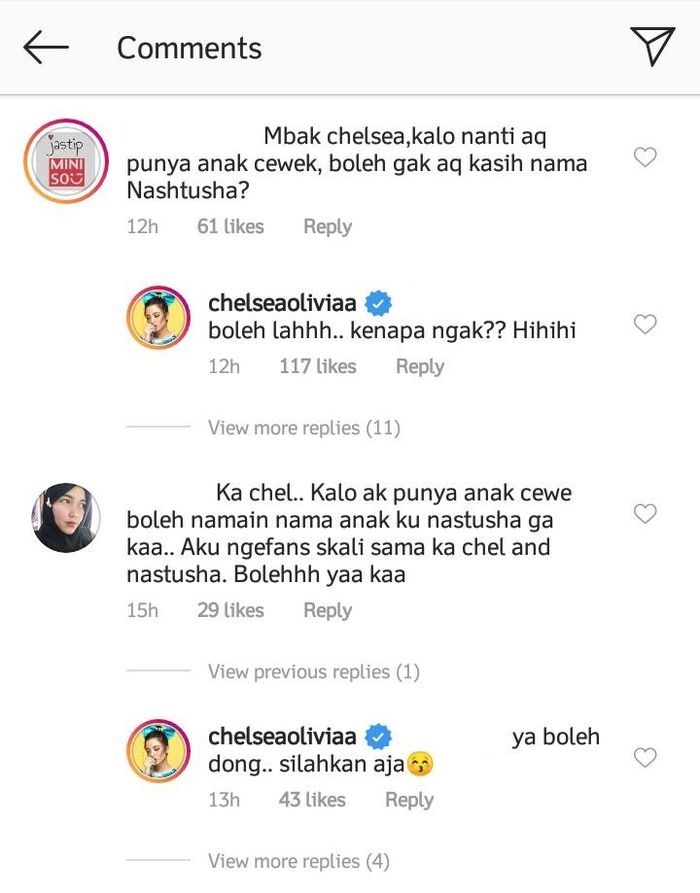 Respon Chelsea Olivia saat netizen meminta izin meniru nama anaknya.