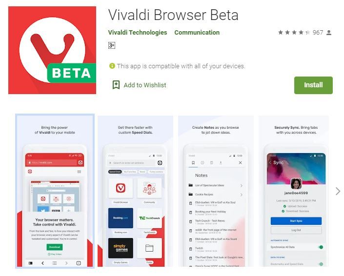 Aplikasi Vivaldi di Play Store