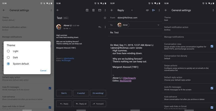 Tampilan Dark Mode pada Gmail versi Android