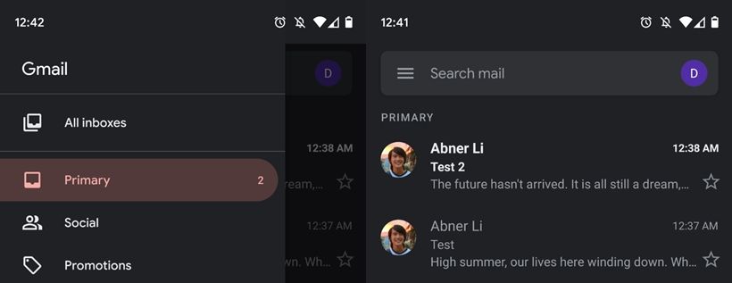 Tampilan Dark Mode pada Gmail versi Android