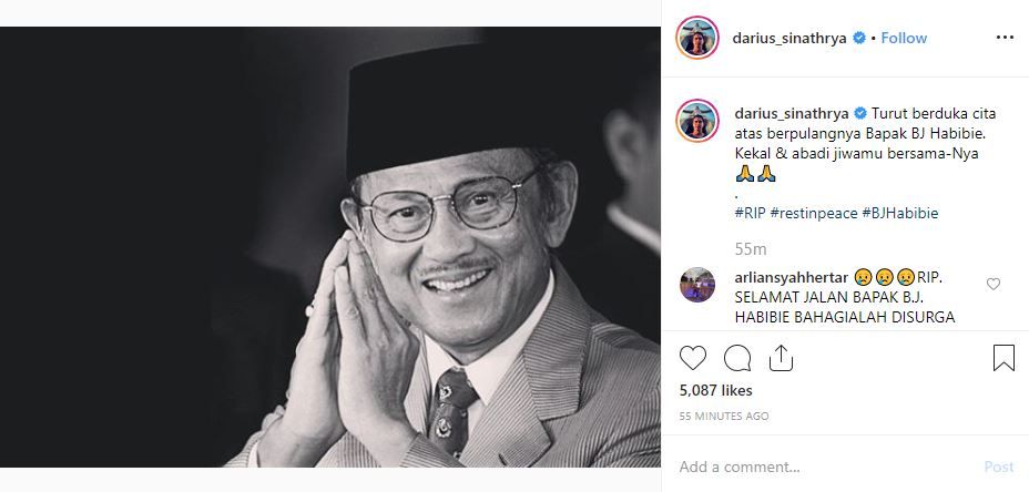 Ungkapan duka cita Darius untuk BJ  Habibie.