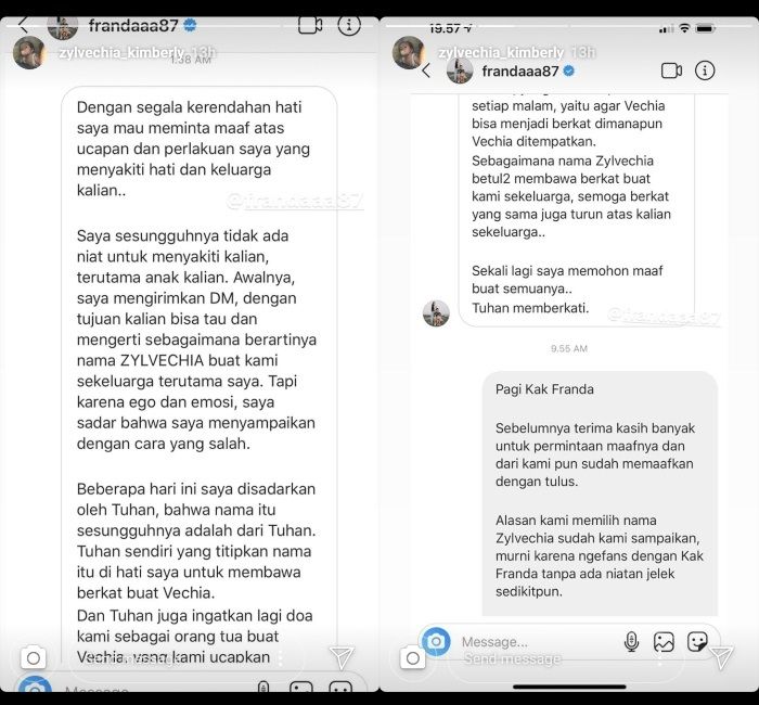 Sempat ngamuk karena nama anaknya dicomot sembarangan, Franda akhirnya minta maaf ke orang tua Zylvechia Kimberly.