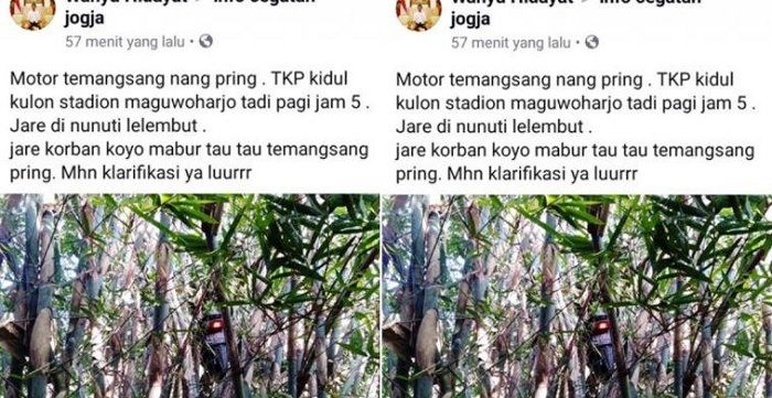 Postingan Wahyu Hidayat soal motor yang tiba-tiba nyangkut di pohon bambu.