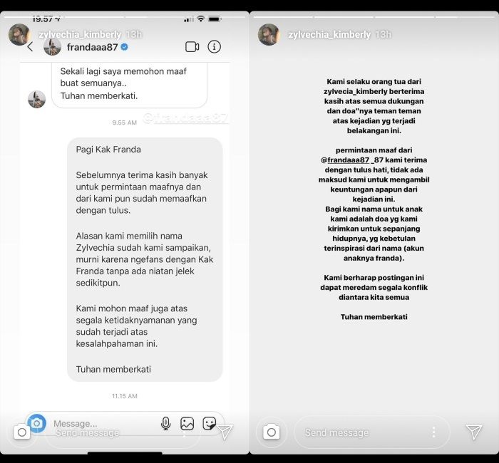 Sempat ngamuk karena nama anaknya dicomot sembarangan, Franda akhirnya minta maaf ke orang tua Zylvechia Kimberly.