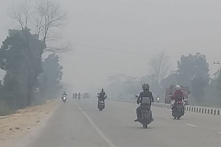 Kabut asap karhutla sangat pekat di jalan lintas Riau-Sumatera Barat di perbatasan Pekanbaru dengan Kabupaten Kampar, Riau, Kamis (12/9/2019)