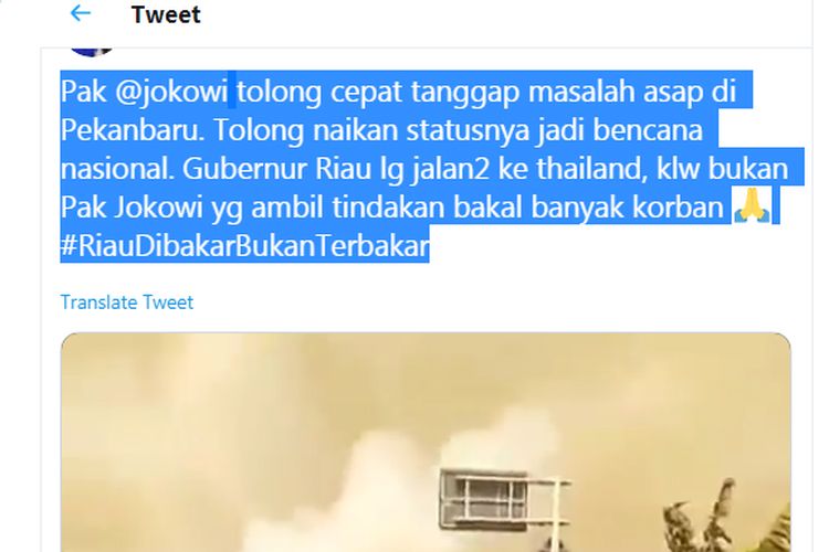 Screenshot Twitter Gubernur Riau ke Thailand