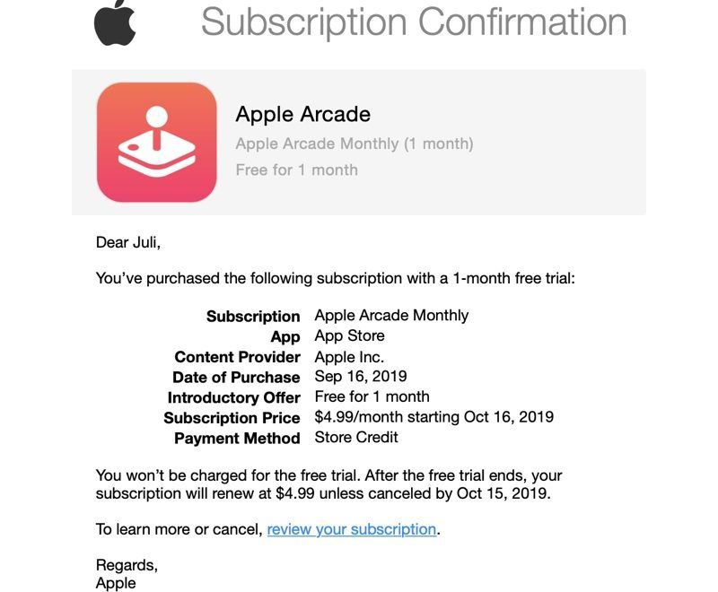 Konfirmasi berlangganan Apple Arcade