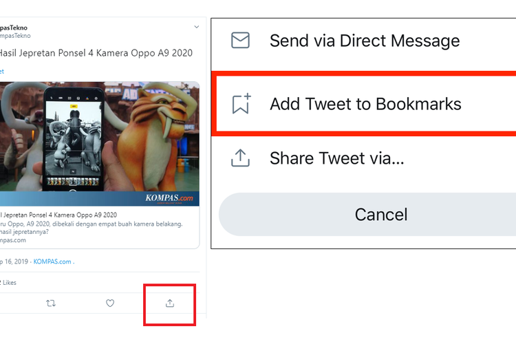 Cara mencari menu bookmarks dengan mengetuk ikon share di bawah postingan yang ingin disimpan