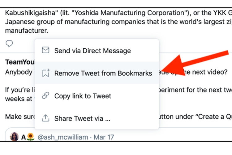 Menghapus bookmarks di Twitter 