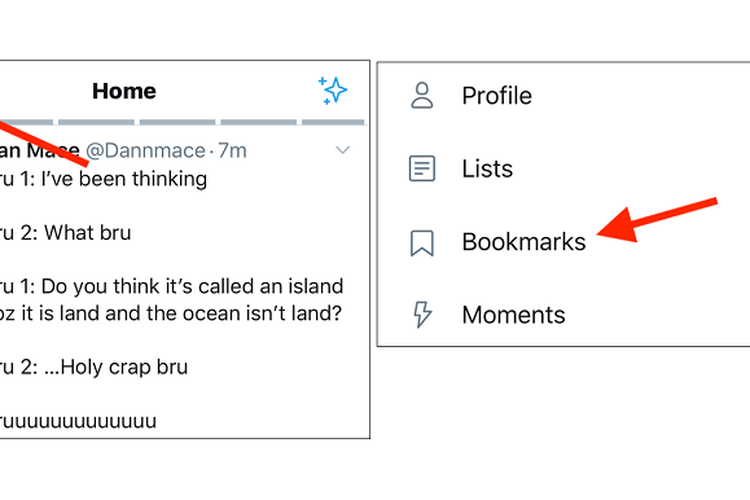 Di versi mobile, daftar bookmarks bisa dibuka dengan mengetuk profil, lalu pilih menu bookmarks.