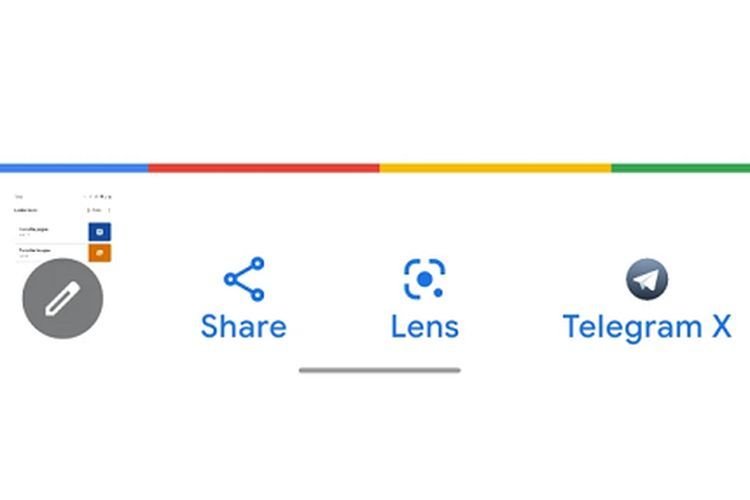 Ikon Google Lense muncul sebagai salah satu opsi di penyuntingan gambar tangkapan layar untuk melakukan pemindaian lalu pencarian di aplikasi Google Search.