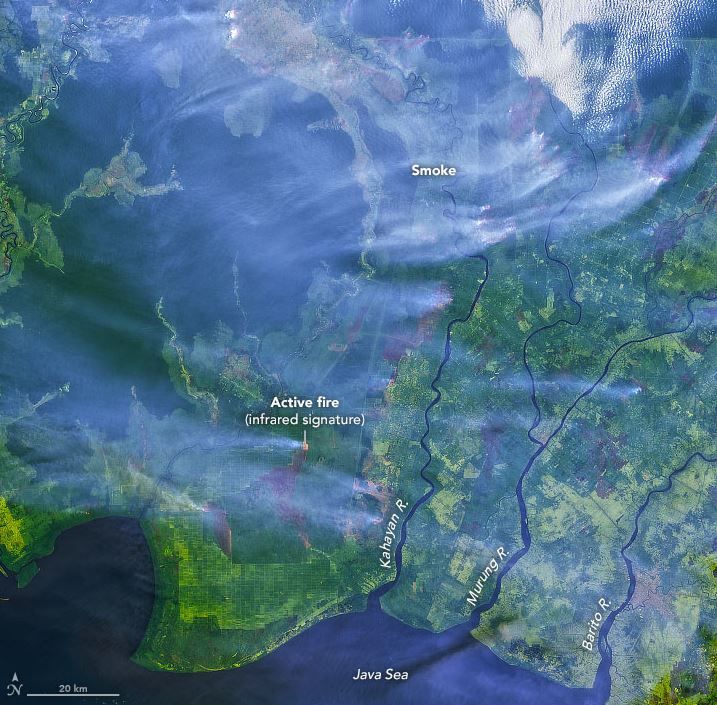 Pulau Kalimantan dilihat dari satelit NASA saat terjadinya kebakaran hutan.