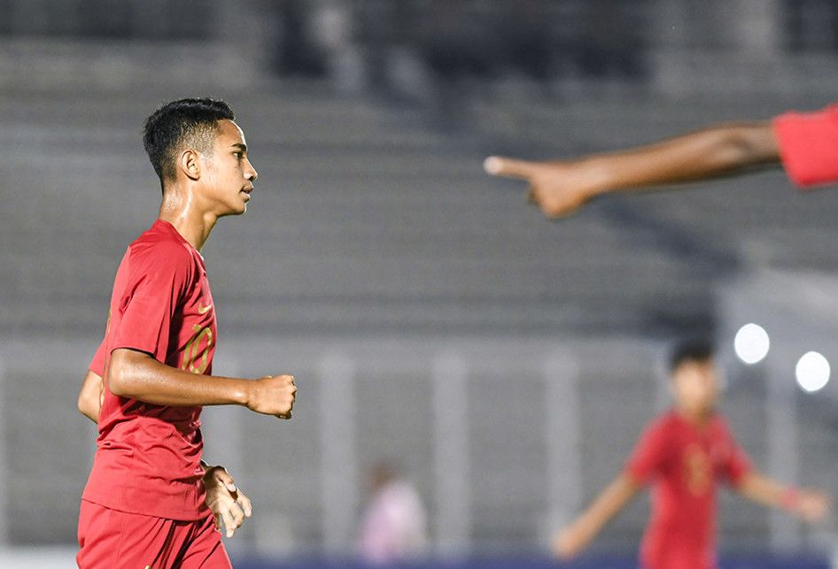 Pemain Timnas U-16 Indonesia Marselino Ferdinan melakukan selebrasi usai mencetak gol pada laga kualifikasi Piala AFC U-16 2020 di Stadion Madya, Jakarta, Rabu (18/9/2019). Timnas U-16 Indonesia berhasil menang telak dengan skor 15-1 atas Mariana Utara.