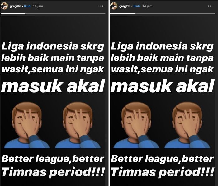 Postingan Greg Nwokolo yang menyindir kinerja wasit di Indonesia.