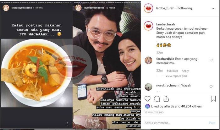 Kolase postingan @lambe_turah terkait Instagram Laudya Chyntia Bella yang membuat orang bertanya-tanya