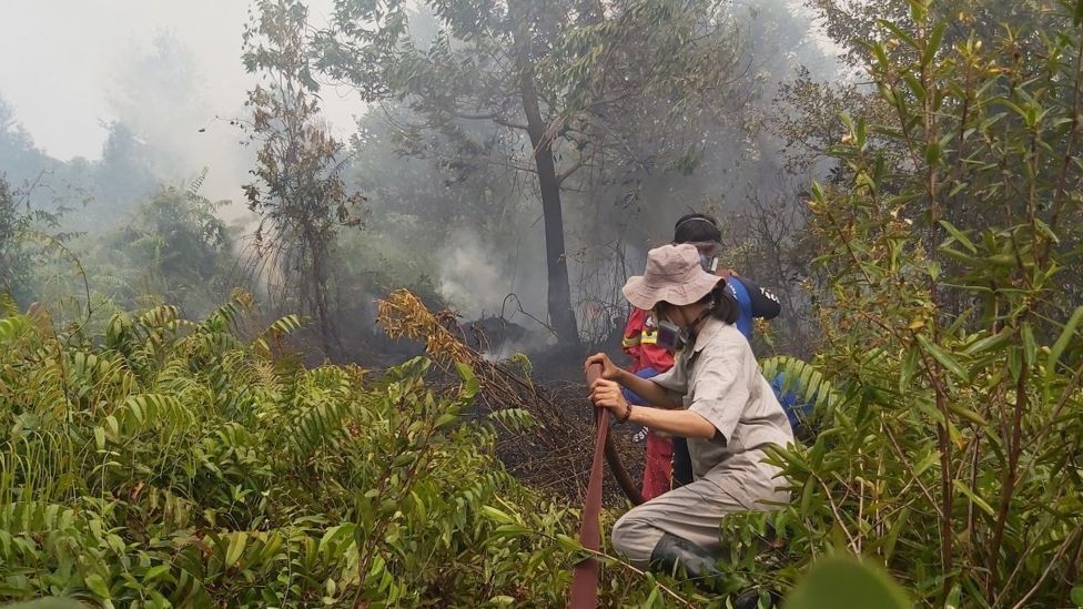 Delapan jam sehari Sumarni ikut memadamkan api ke lokasi kebakaran hutan dan lahan di Palangkaraya, Kalimantan Tengah.