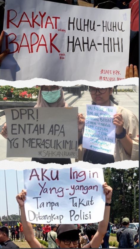 Berbagai tulisan lucu dibawa oleh mahasiswa ketika melakukan aksi menolak RUU KPK dan KUHP Selasa (24/9/2019)