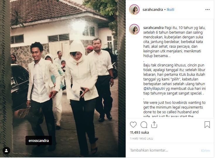 Istri gitaris grup band Sheila On 7 Eross Candra, Sarah Diorita, menceritakan kembali detik-detik pernikahan mereka yang berlangsung 10 tahun lalu tepat pada, Selasa (24/9/2019).