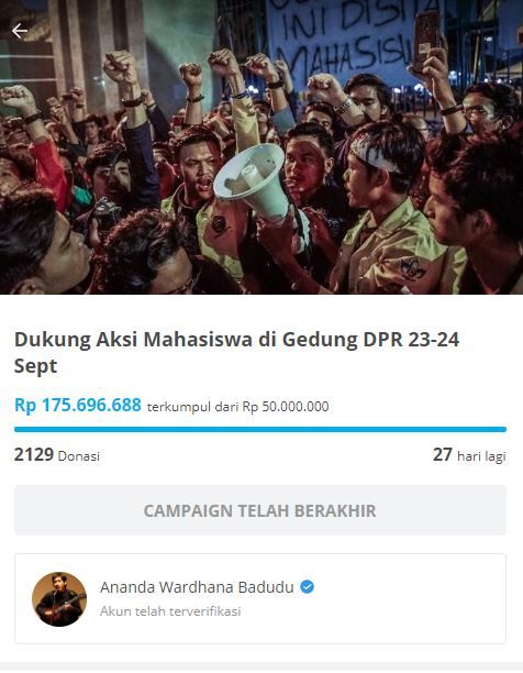 Kampanye donasi mendukung demo mahasiswa di Gedung DPR, Senayan, yang diinisiasi oleh Ananda Badudu.