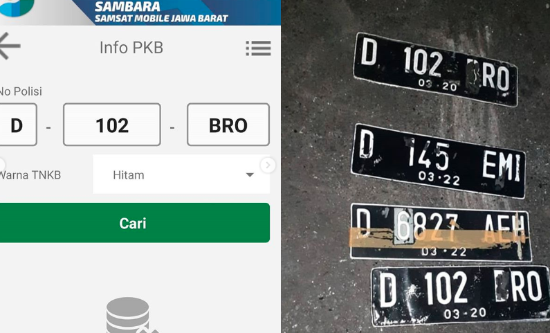 Plat nomor bodong yang ditemukan di dalam mobil pelaku tabrak lari. Setelah dicek, data plat nomor ini tidak ditemukan di Samsat Jawa Barat. 