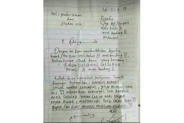 Sebuah surat izin tidak masuk sekolah yang ditulis tangan oleh wali murid beredar di media sosial