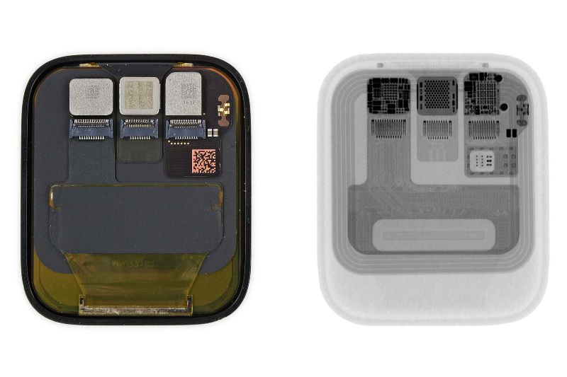 Komponen Apple Watch 5 saat dilihat biasa (kiri) dan gunakan sinar X-ray (kanan)