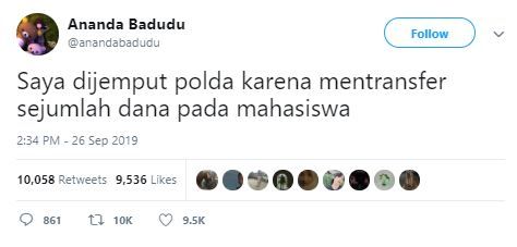 Status Ananda Badudu di Twitter