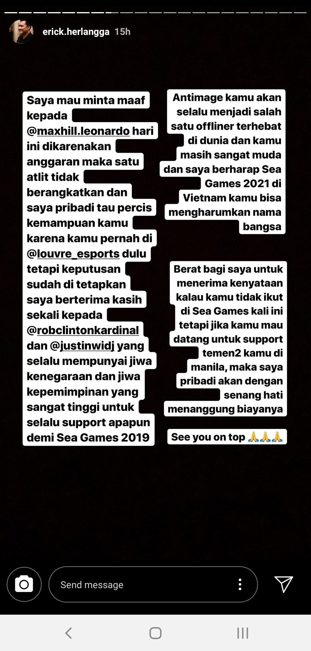 Pernyataan Erick Herlangga di Instagram Stories.