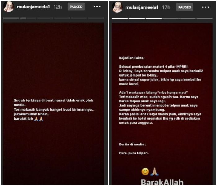 Postingan klarifikasi Mulan Jameela di akun Instagramnya.