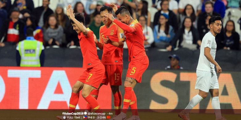 Para pemain timnas China merayakan gol mereka ke gawang Filipina dalam partai Piala Asia 2019 di Moh