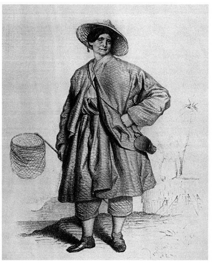 Sosok Ida Laura Reyer Pfeiffer dalam busana melancong dari kain linen warna kelabu. Litografi karya Adolf Dauthage, 1825–1883.