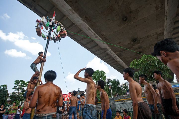 Warga Pulosari berebut hadiah pada lomba panjat pinang memperingati Dirgahayu Indonesia. Tak jauh da