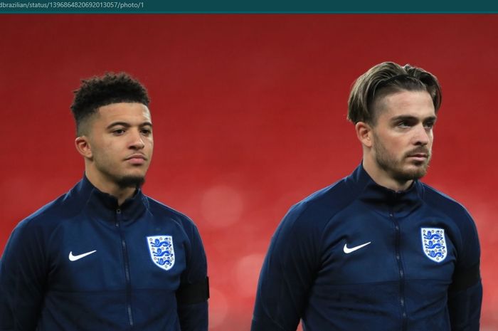 Jadon Sancho dan Jack Grealish kala memperkuat timnas Inggris.