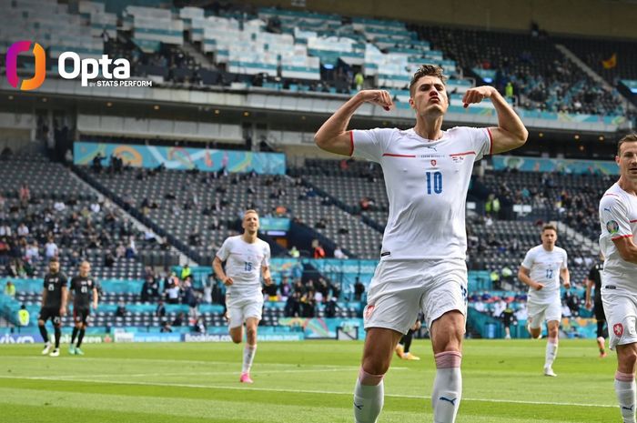 Selebrasi striker Republik Ceska, Patrik Schick usai mencetak gol ke gawang Kroasia lewat sepakan penalti matchday kedua EURO 2020 Grup D di Stadion Hampden Park, Glasgow, Skotlandia pada Jumat (18/6/2021).