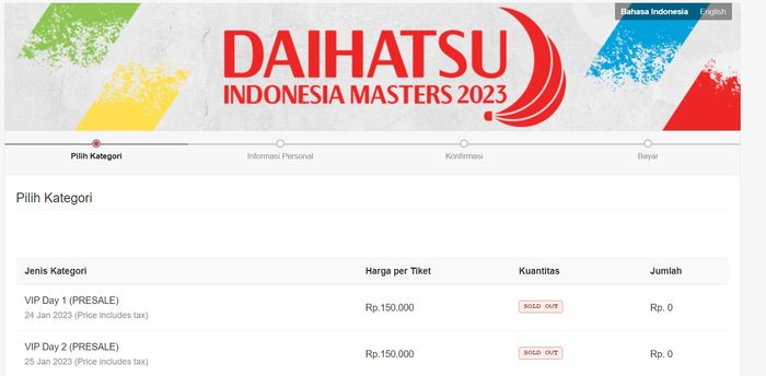 Kondisi website resmi PBSI untuk pembelian tiket online Indonesia Masters 2023 