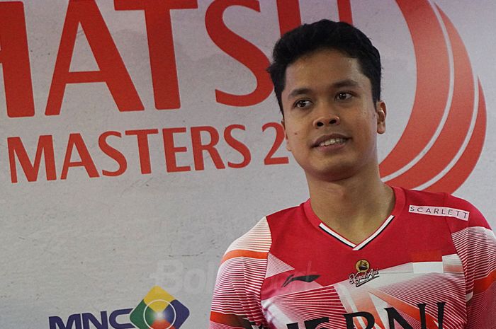 Tunggal putra Indonesia, Anthony Sinisuka Ginting, pada konferensi pers pasca babak pertama Indonesia Masters 2023 di Istora Senayan, Jakarta, Rabu (23/1/2023).