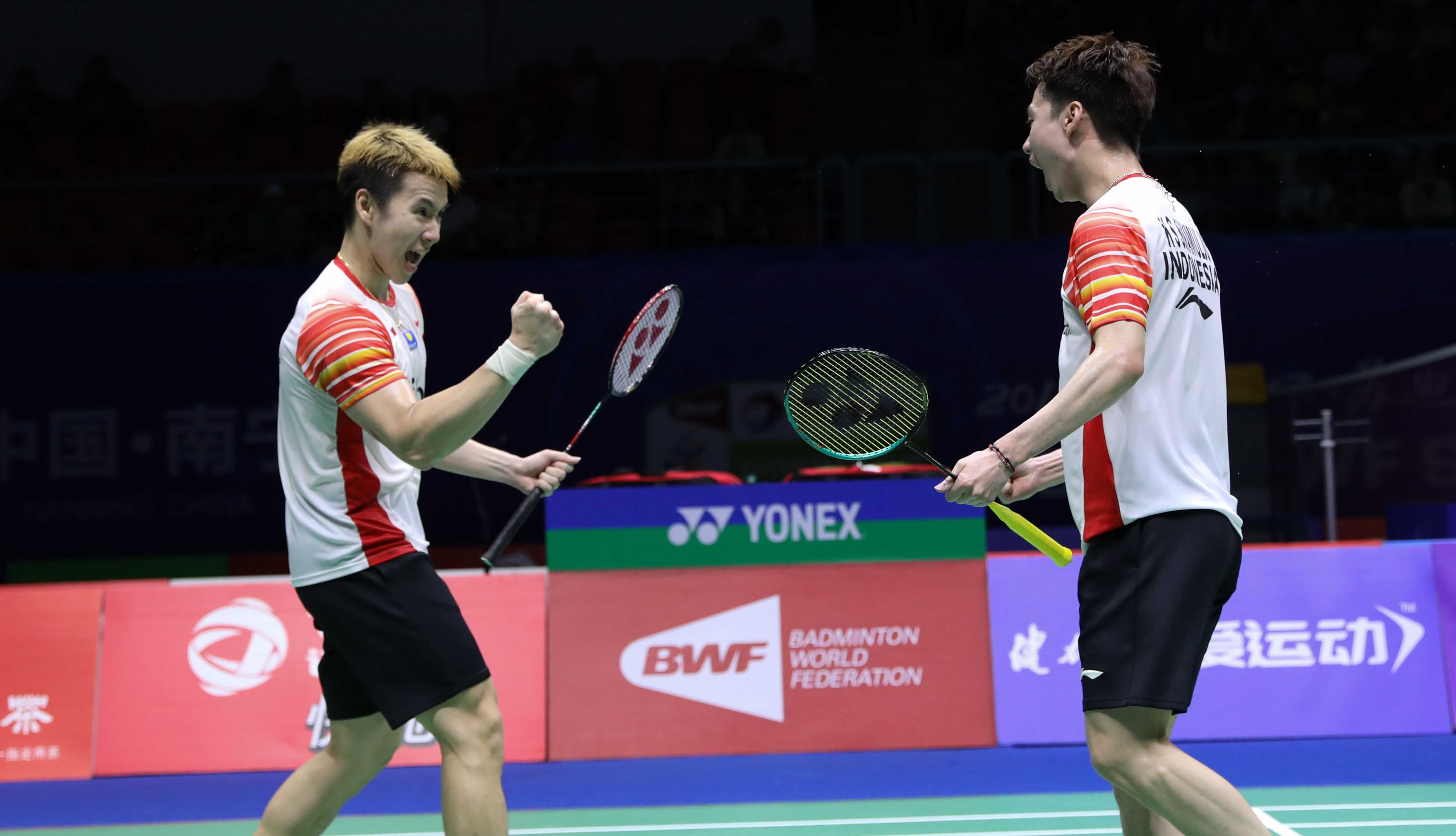 Marcus Fernaldi Gideon/Kevin Sanjaya Sukamuljo pada saat memenangi laga melawan Lee Yang/Wang Chi-Lin (Taiwan) pada babak perempat final Piala Sudirman 2019, di Guangxi Sports Center Gymnasium, Nanning, China, Jumat (24/5/2019).