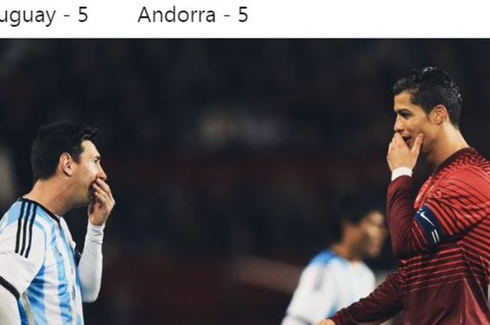 Kapten timnas Argentina, Lionel Messi, memiliki ekspresi yang sama dengan kapten timnas Portugal, Cristiano Ronaldo.