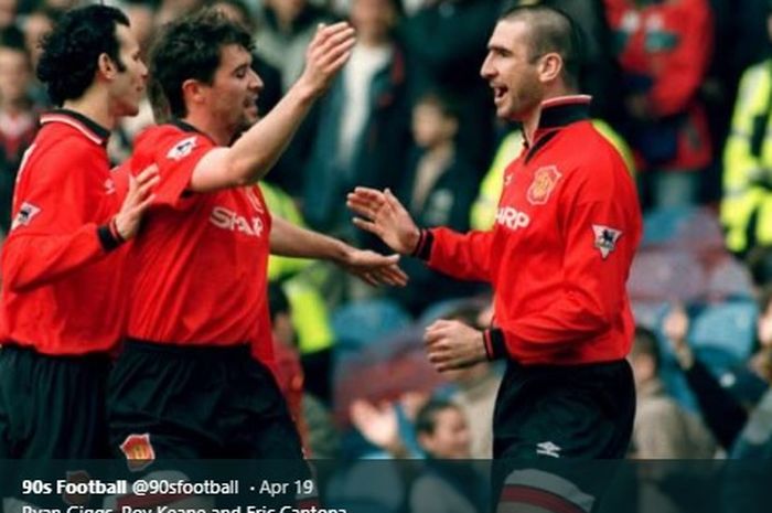 Ryan Giggs (kiri), Roy Keane, dan Eric Cantona saat membela Manchester United.
