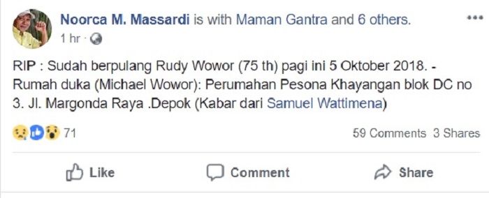 Ungahan Noorca Marenda Massardi yang mengabarkan Rudy Wowor meninggal dunia