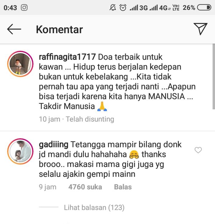 Balasan Gading untuk pesan semangat dari Raffi Ahmad