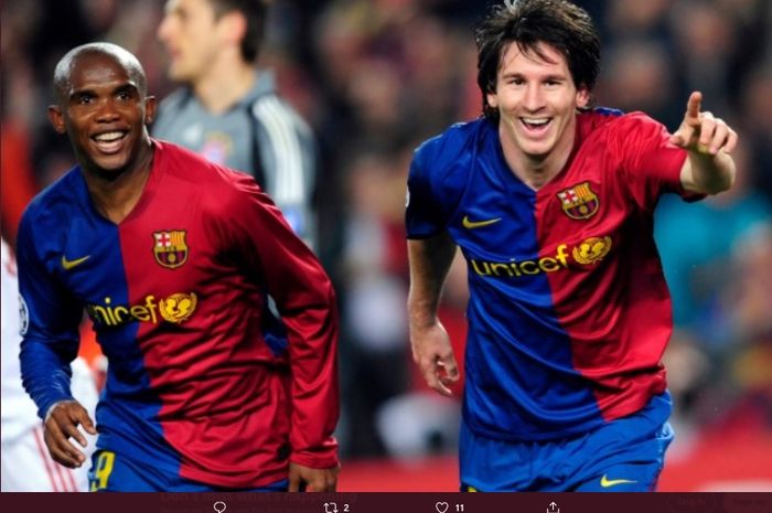 Samuel Eto'o (kiri) dan Lionel Messi (kanan) saat masih memperkuat Barcelona.