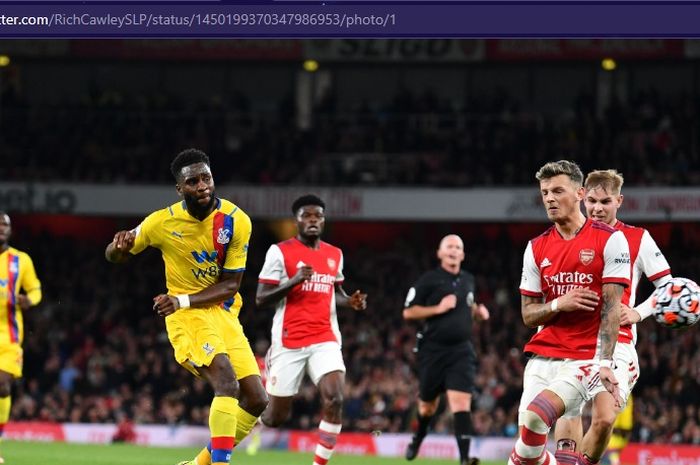 Penyerang Crystal Palace, Odsonne Edouard, mencetak gol ke gawang Arsenal di Emirates Stadium dalam laga pekan ke-8 Liga Inggris 2021-2022, Senin (18/10/2021) waktu setempat atau Selasa pukul 02.00 WIB. 