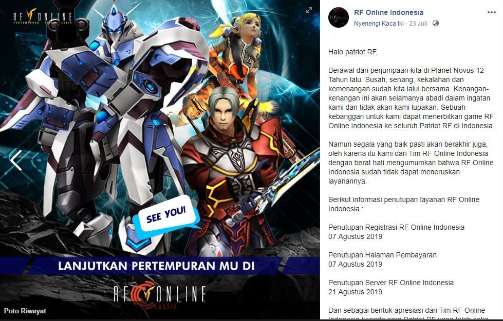 Pengumuman penutupan RF Online Indonesia