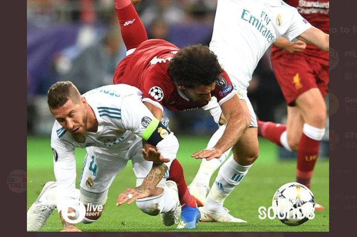 Insiden Sergio Ramos dan Mohamed Salah dalam final Liga Champions 2017-2018 antara Real Madrid vs Liverpool.